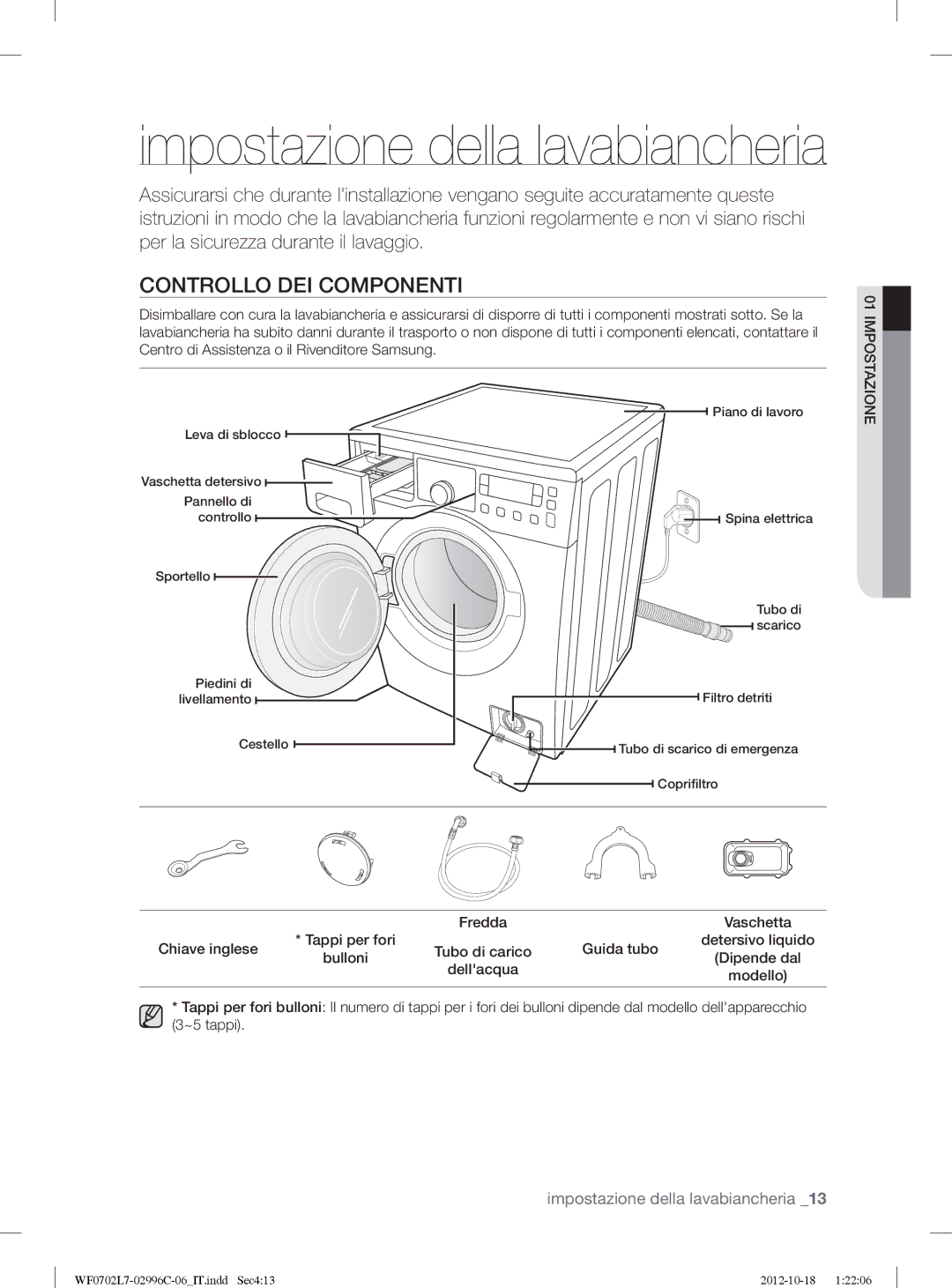 Samsung WF0702L7V1/XET, WF0702L7V/XET manual Controllo DEI Componenti, Chiave inglese, Guida tubo 