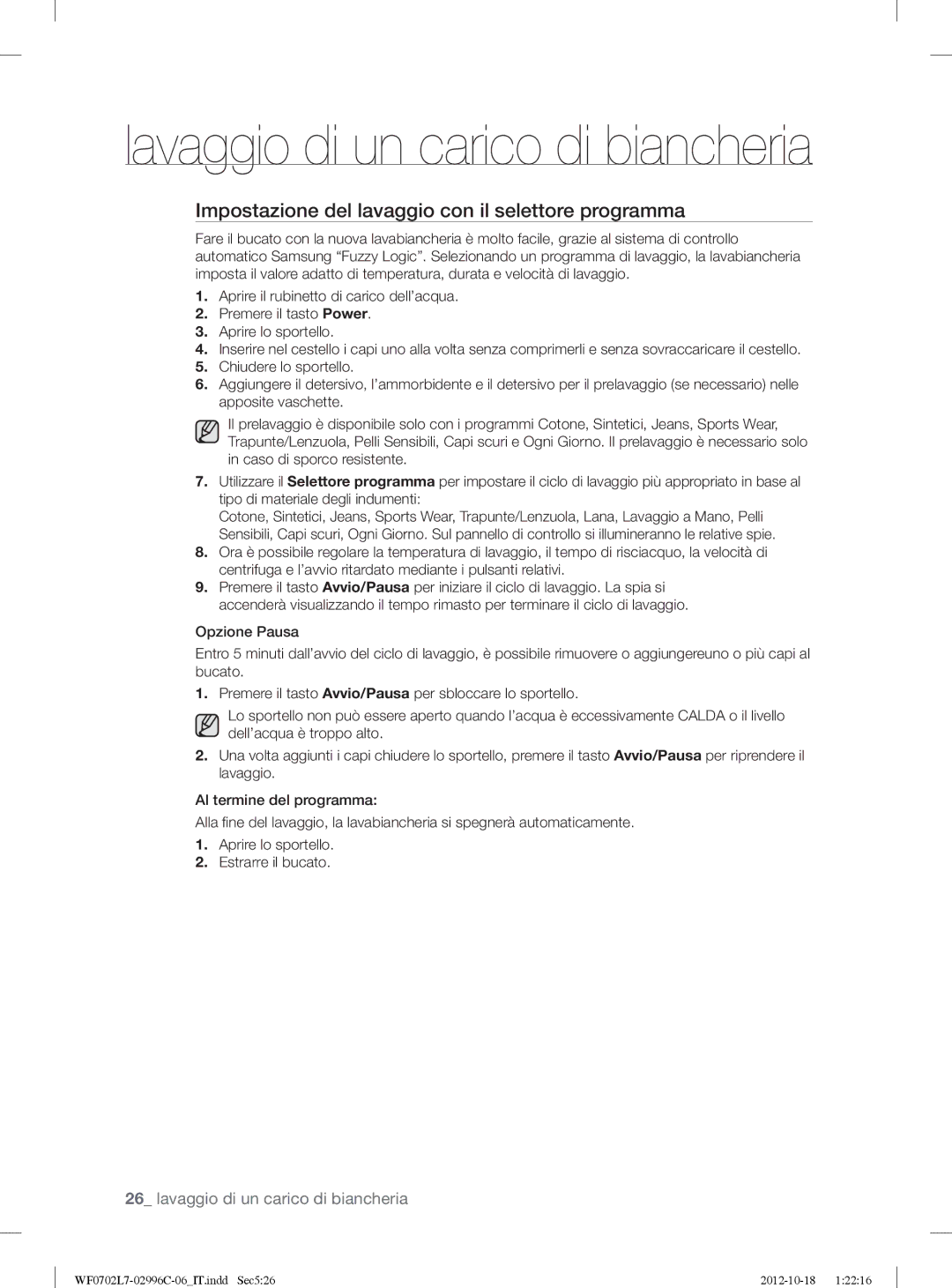 Samsung WF0702L7V/XET, WF0702L7V1/XET manual Impostazione del lavaggio con il selettore programma 