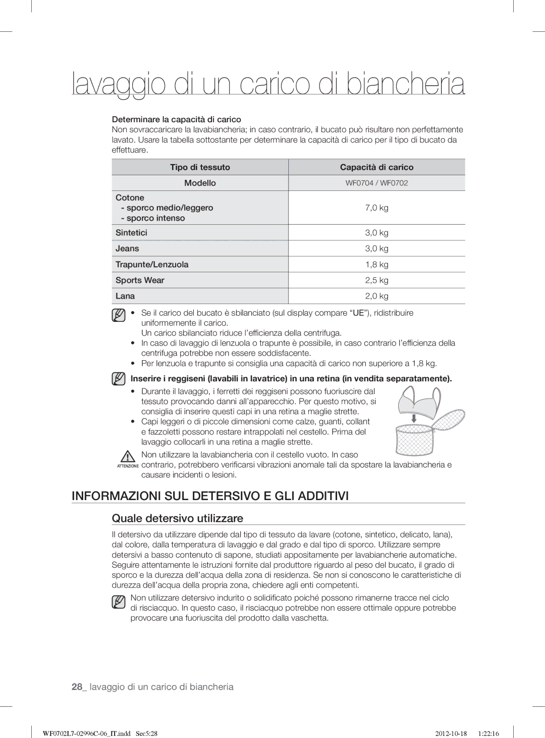 Samsung WF0702L7V/XET, WF0702L7V1/XET manual Informazioni SUL Detersivo E GLI Additivi, Quale detersivo utilizzare, Modello 