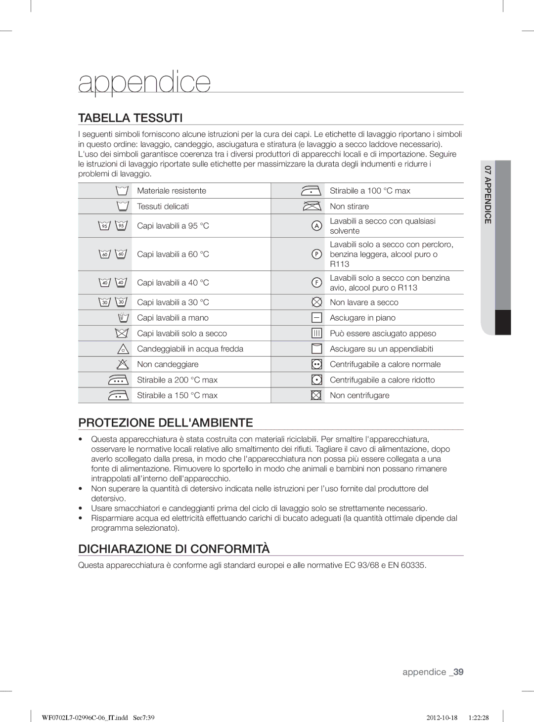 Samsung WF0702L7V1/XET, WF0702L7V/XET Appendice, Tabella Tessuti, Protezione Dellambiente, Dichiarazione DI Conformità 