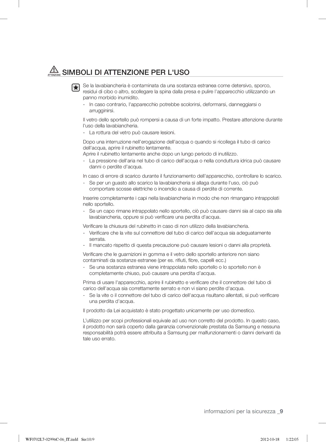 Samsung WF0702L7V1/XET, WF0702L7V/XET manual Attenzione Simboli DI Attenzione PER Luso 