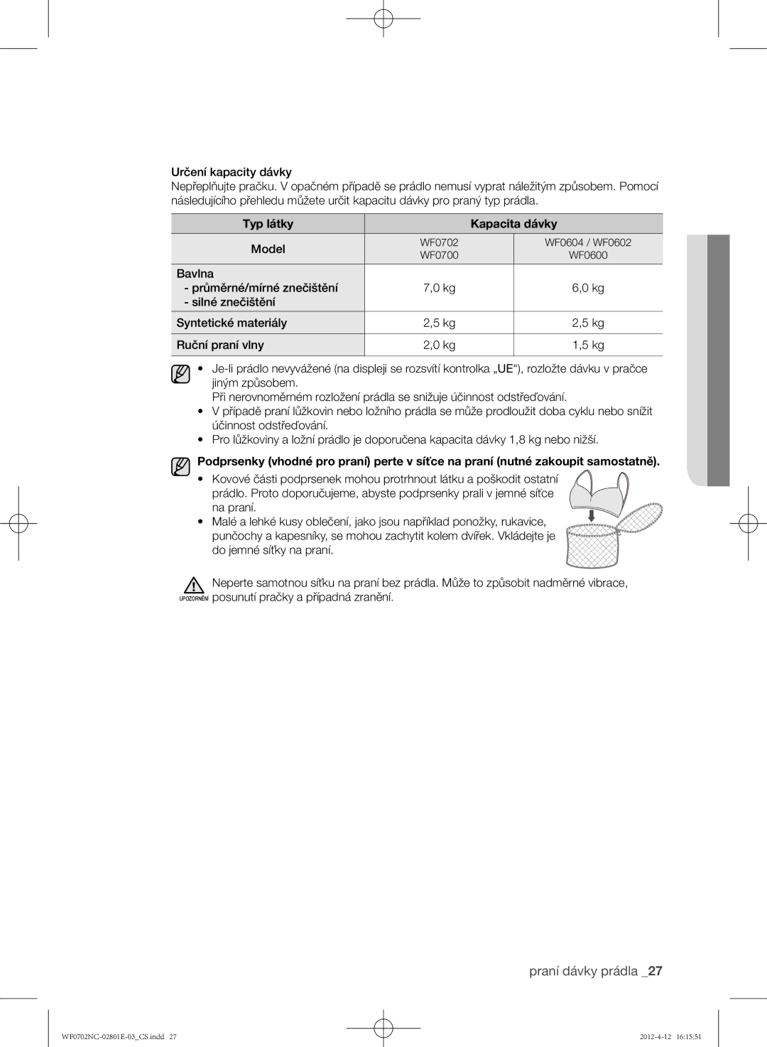 Samsung WF0702NCW/XEH, WF0702NCE/XEH, WF0602NCW/XEH, WF0600NCE/XEH, WF0700NCE/XEH manual Typ látky Kapacita dávky 