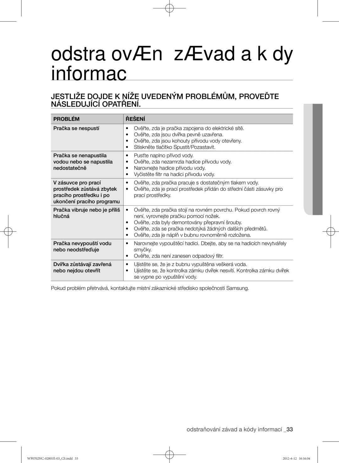 Samsung WF0600NCE/XEH, WF0702NCE/XEH manual Odstraňování závad a kódy informací, Problém Řešení, Se vypne po vypuštění vody 