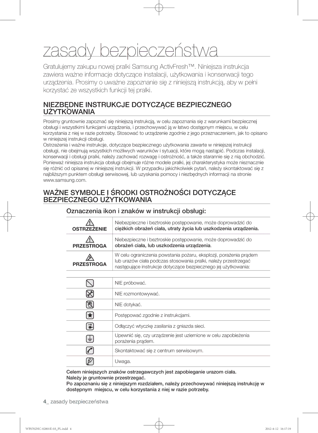 Samsung WF0700NCE/XEH manual Zasady bezpieczeństwa, Niezbędne Instrukcje Dotyczące Bezpiecznego Użytkowania, Ostrzeżenie 