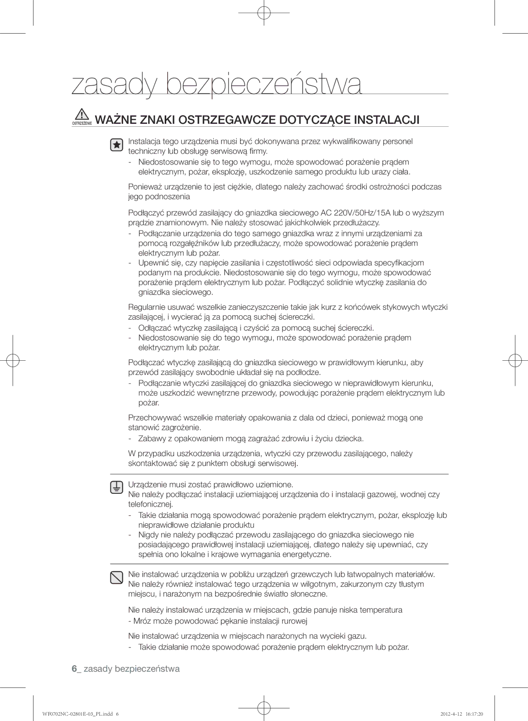 Samsung WF0602NCW/XEH, WF0702NCE/XEH, WF0702NCW/XEH, WF0600NCE/XEH Ostrzeżenie Ważne Znaki Ostrzegawcze Dotyczące Instalacji 