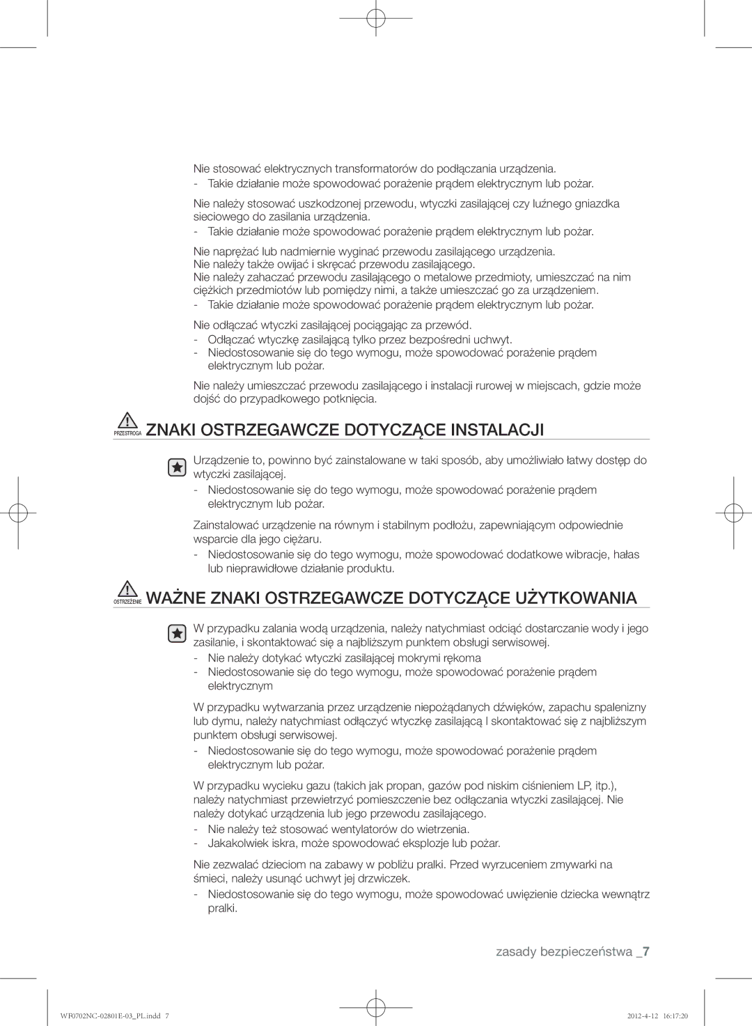 Samsung WF0702NCW/XEH, WF0702NCE/XEH, WF0602NCW/XEH, WF0600NCE/XEH manual Przestroga Znaki Ostrzegawcze Dotyczące Instalacji 