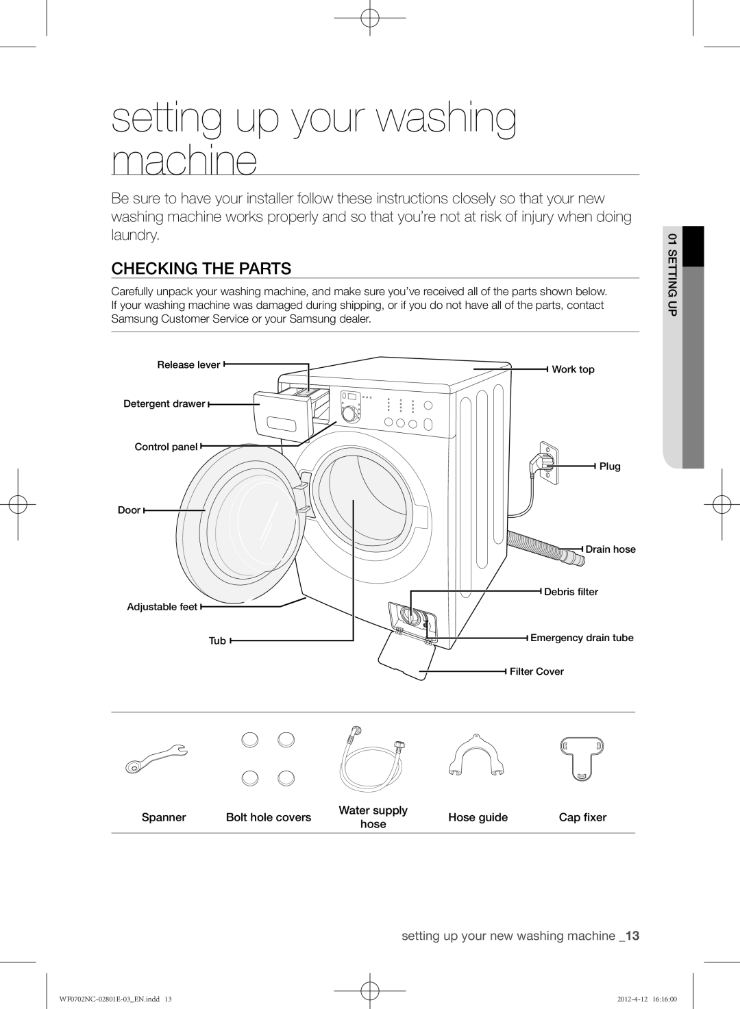 Samsung WF0600NCE/XEH, WF0702NCE/XEH, WF0602NCW/XEH, WF0702NCW/XEH manual Setting up your washing machine, Checking the parts 