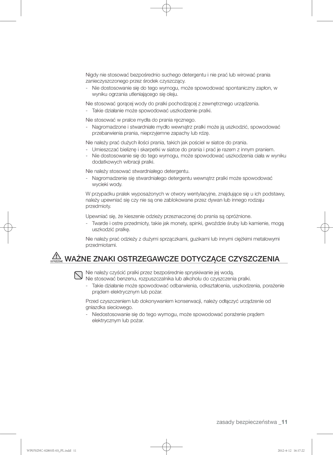 Samsung WF0602NCW/XEH, WF0702NCE/XEH, WF0702NCW/XEH manual Ostrzeżenie Ważne Znaki Ostrzegawcze Dotyczące Czyszczenia 