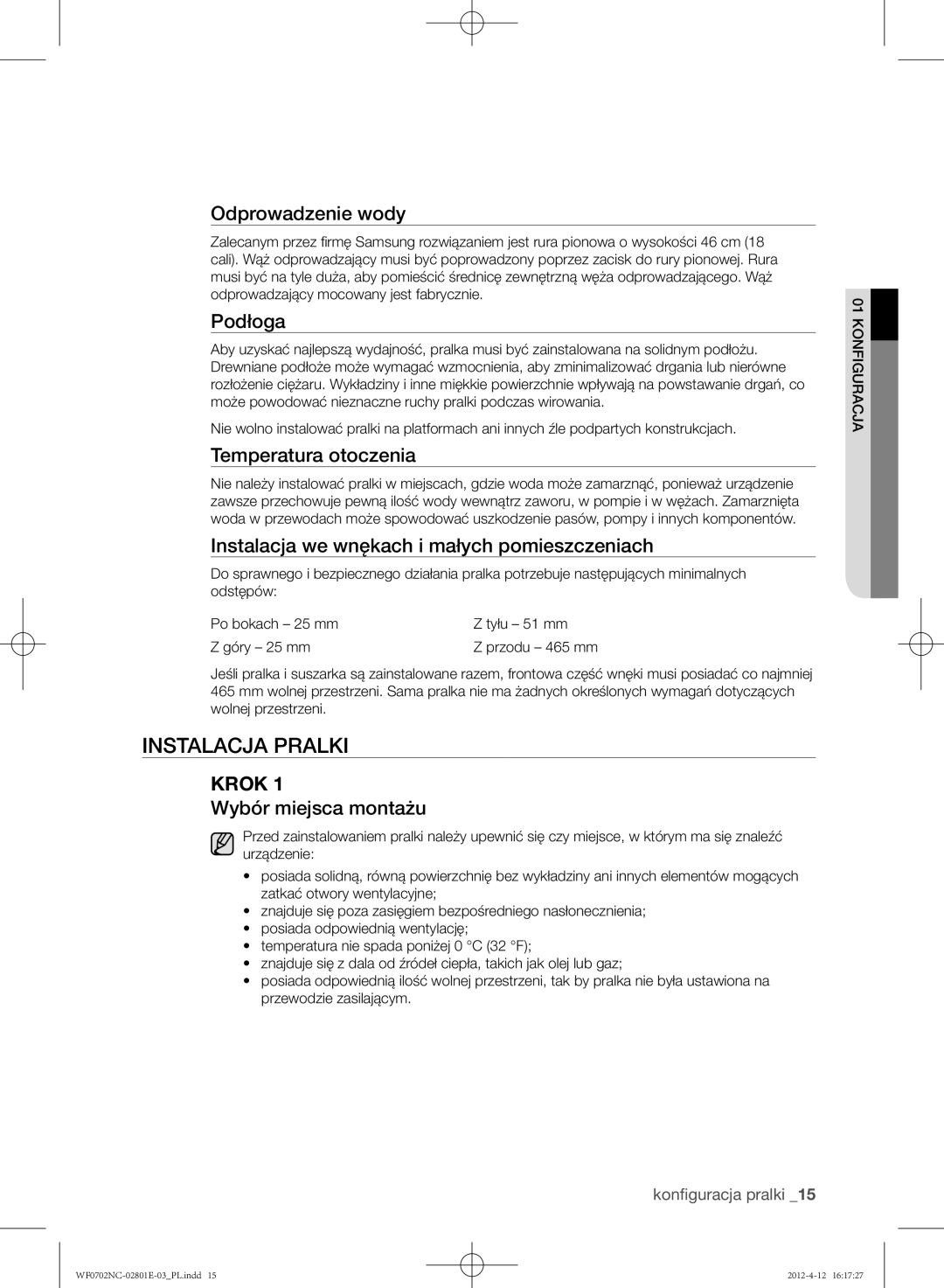 Samsung WF0702NCE/XEH, WF0602NCW/XEH, WF0702NCW/XEH, WF0600NCE/XEH, WF0700NCE/XEH manual Instalacja pralki 