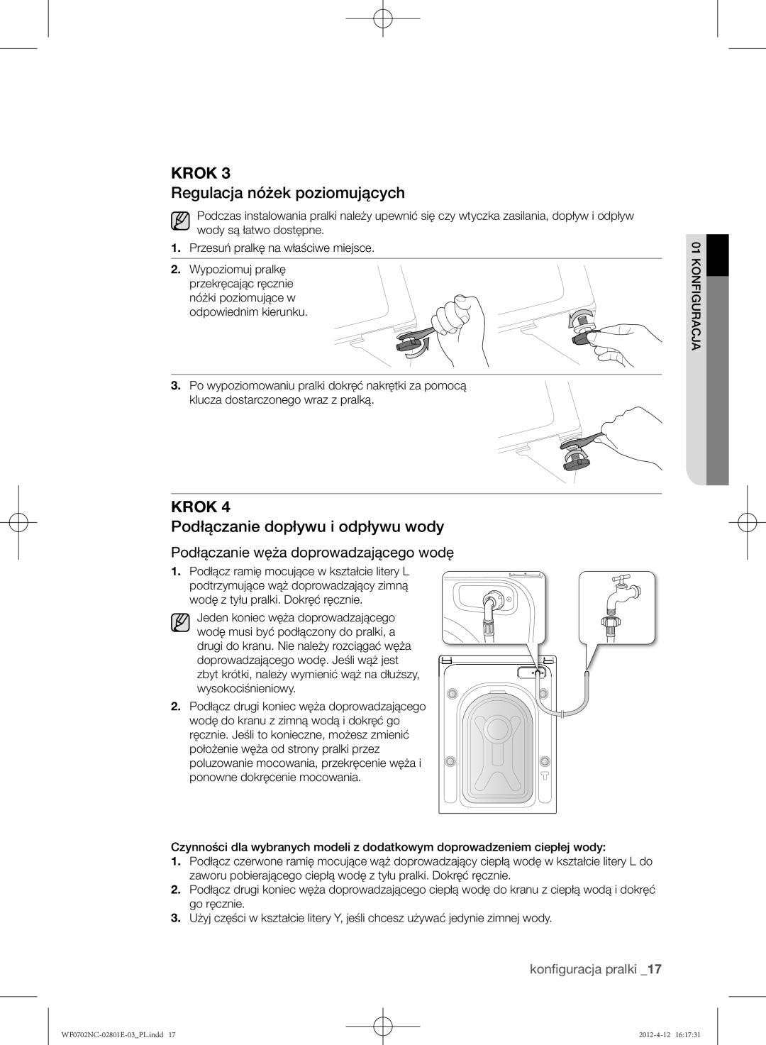 Samsung WF0702NCW/XEH, WF0702NCE/XEH, WF0602NCW/XEH manual Regulacja nóżek poziomujących, Podłączanie dopływu i odpływu wody 