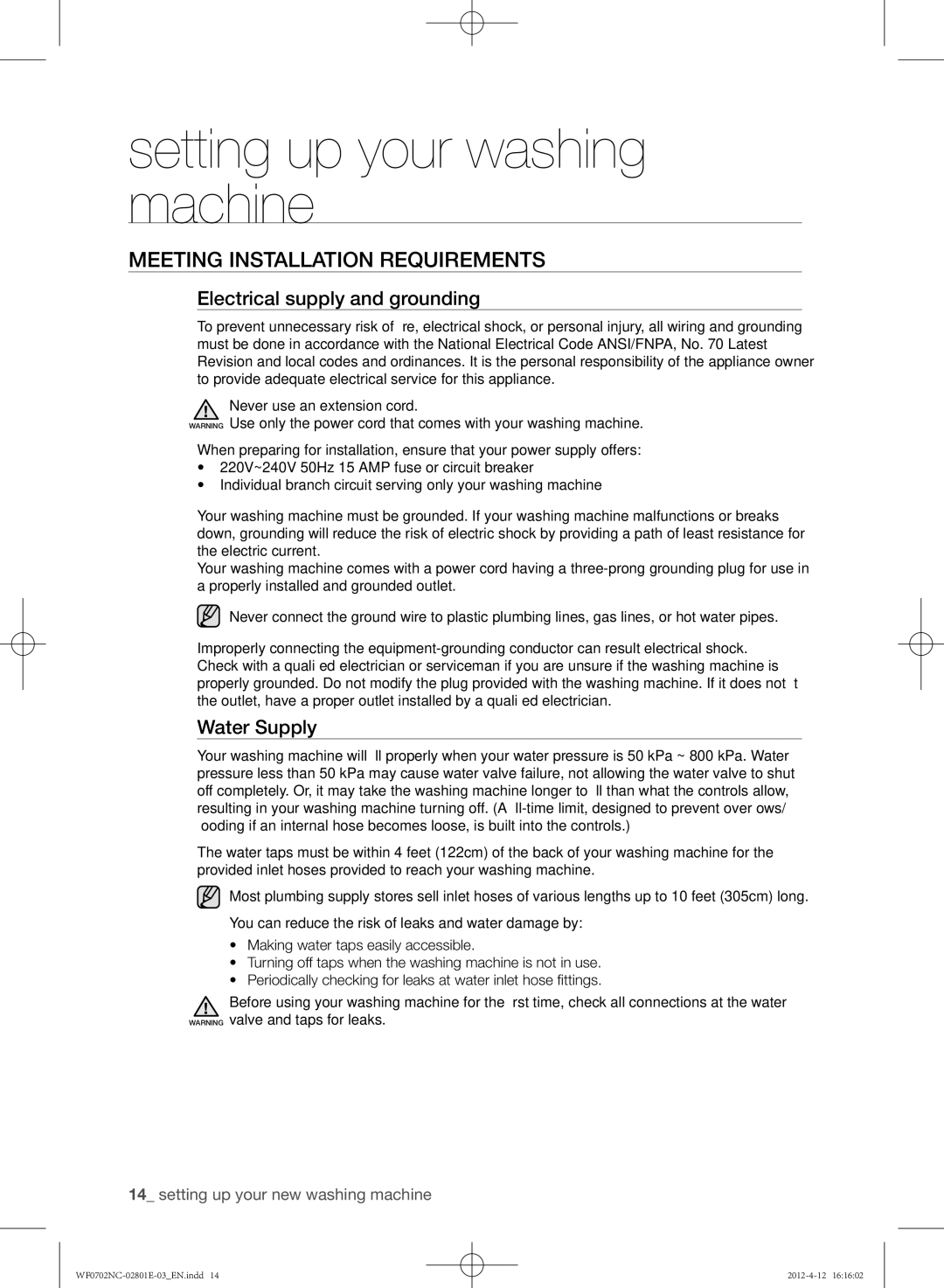 Samsung WF0700NCE/XEH, WF0702NCE/XEH manual Meeting installation requirements, Electrical supply and grounding, Water Supply 