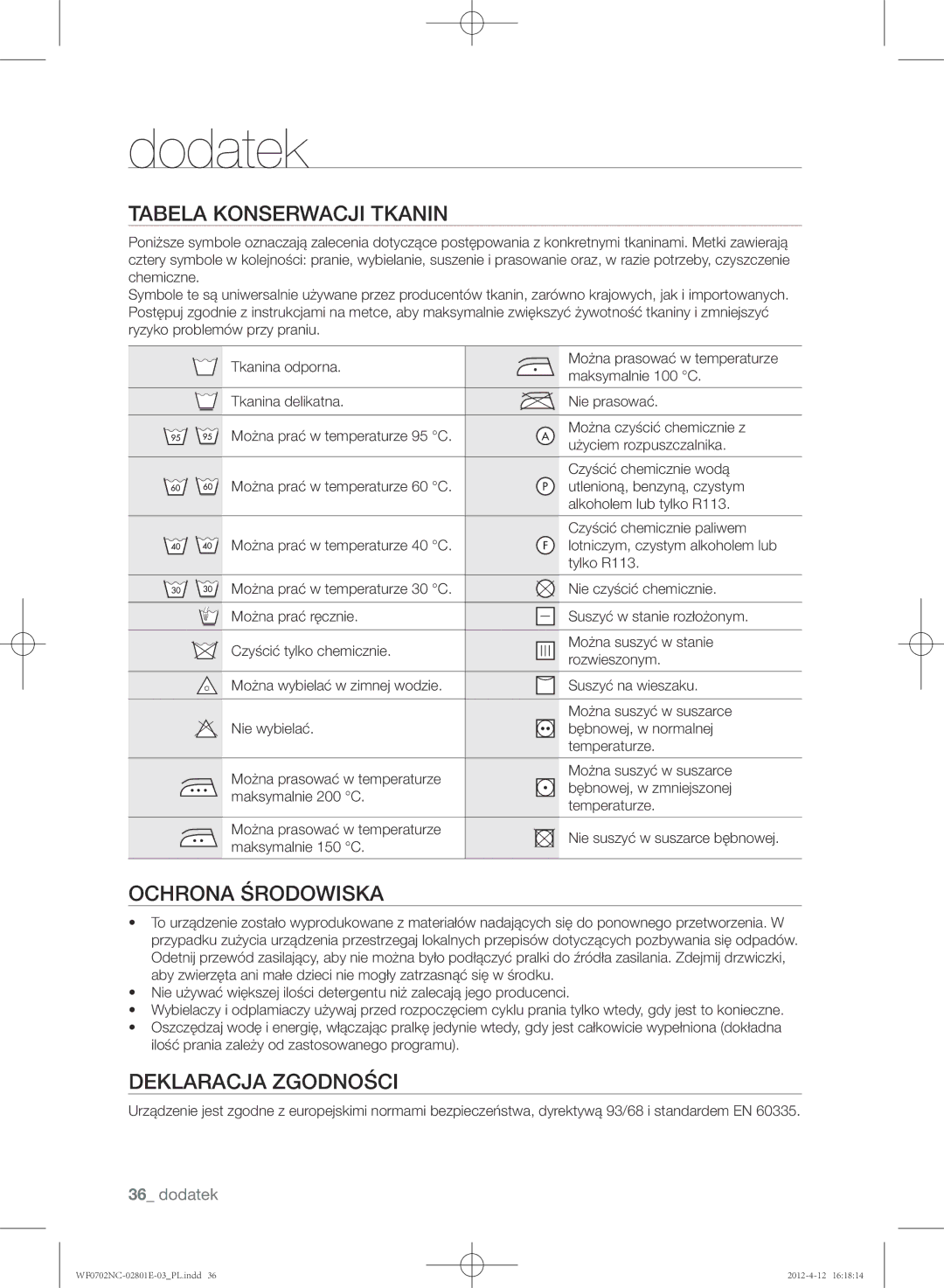 Samsung WF0602NCW/XEH, WF0702NCE/XEH, WF0702NCW/XEH Tabela konserwacji tkanin, Ochrona środowiska, Deklaracja zgodności 