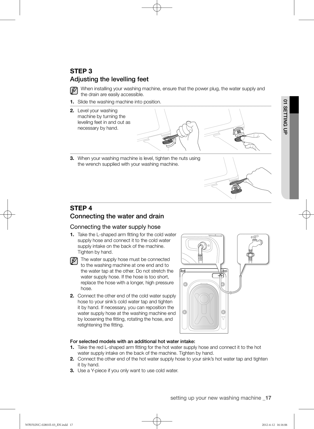 Samsung WF0702NCW/XEH manual Adjusting the levelling feet, Connecting the water and drain, Connecting the water supply hose 