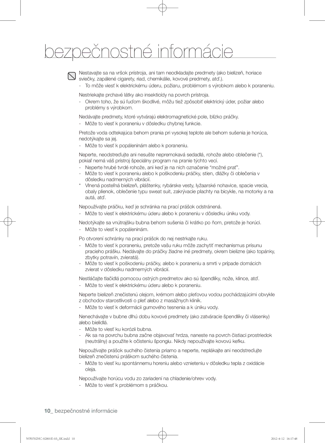 Samsung WF0702NCE/XEH, WF0602NCW/XEH, WF0702NCW/XEH, WF0600NCE/XEH, WF0700NCE/XEH manual Bezpečnostné informácie 