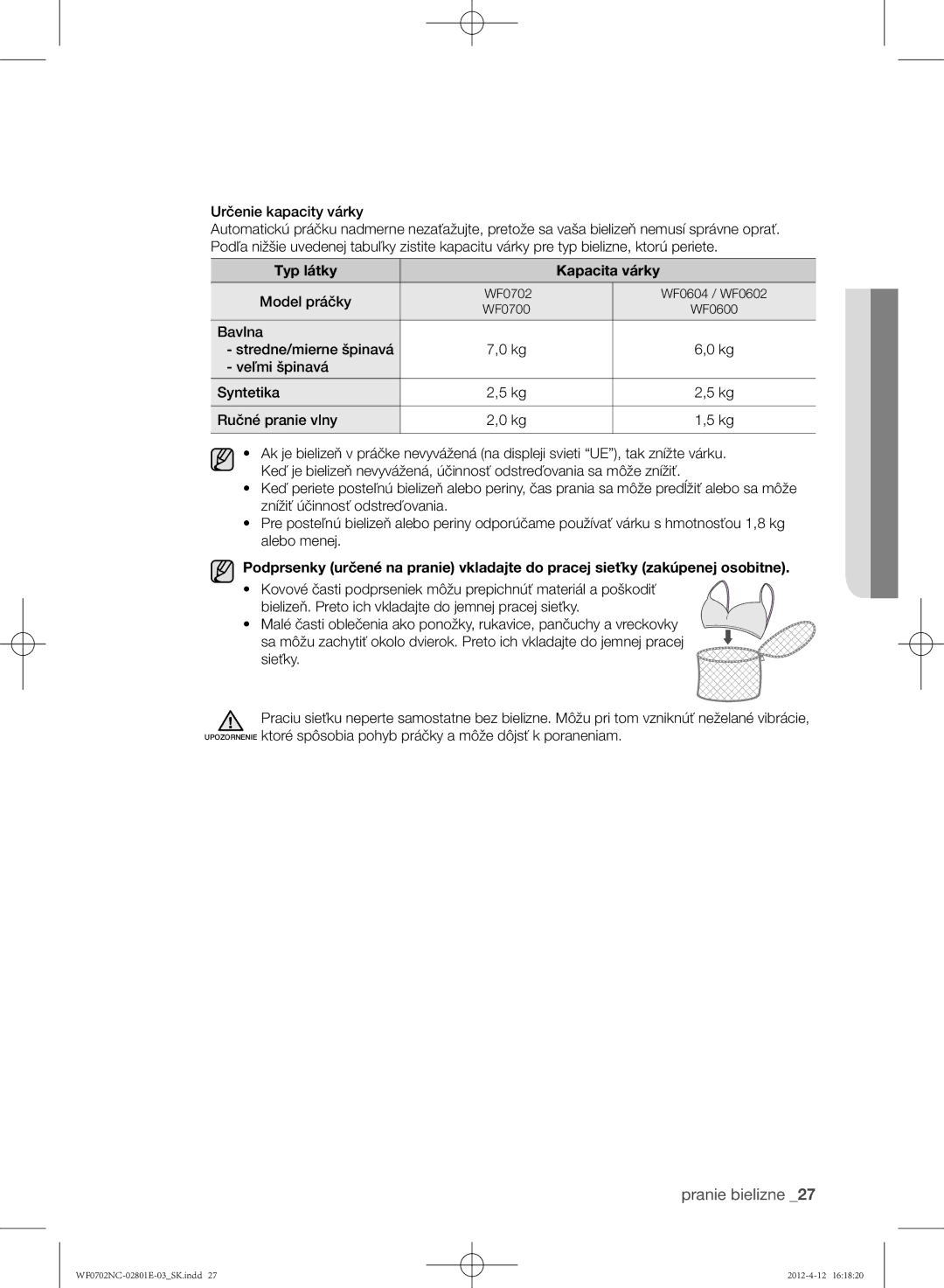 Samsung WF0702NCW/XEH, WF0702NCE/XEH, WF0602NCW/XEH, WF0600NCE/XEH, WF0700NCE/XEH manual Typ látky Kapacita várky, Model práčky 