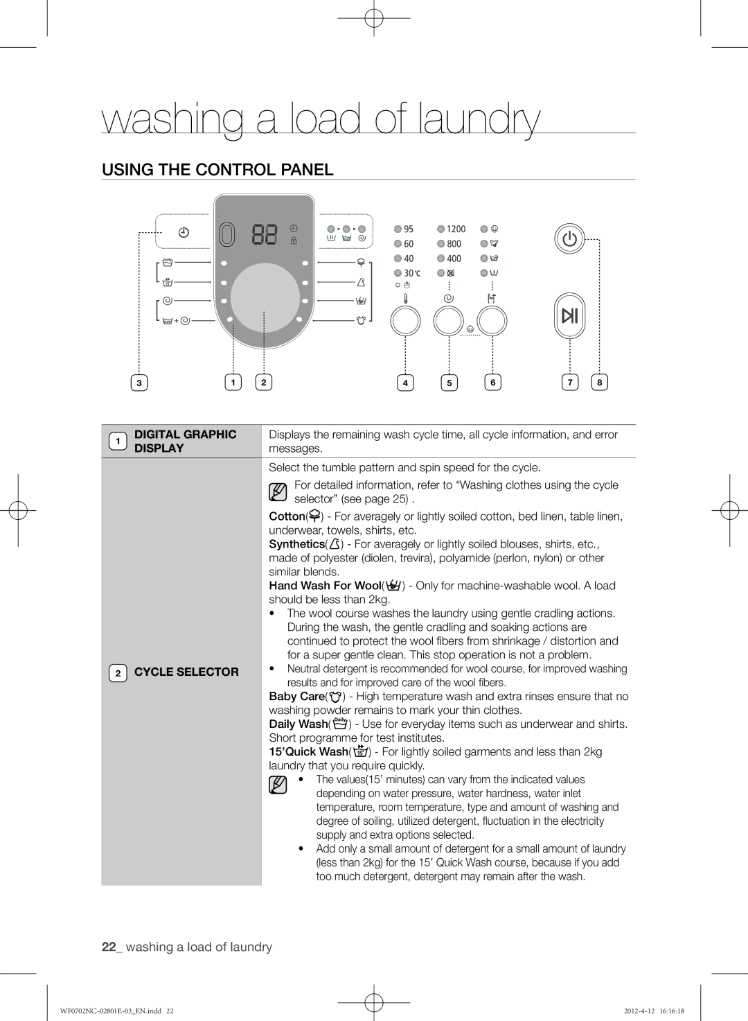 Samsung WF0702NCW/XEH, WF0702NCE/XEH, WF0602NCW/XEH, WF0600NCE/XEH, WF0700NCE/XEH Using the control panel, Cycle Selector 