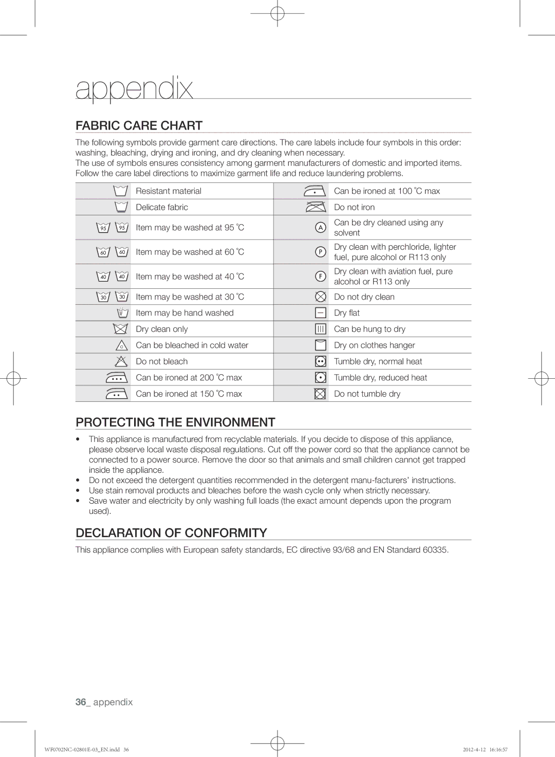 Samsung WF0602NCW/XEH, WF0702NCE/XEH Appendix, Fabric care chart, Protecting the environment, Declaration of conformity 