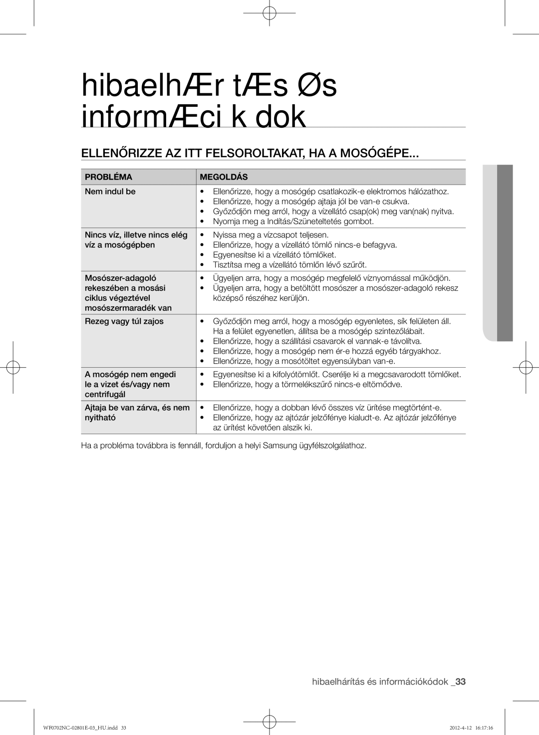 Samsung WF0600NCE/XEH, WF0702NCE/XEH, WF0602NCW/XEH manual Ellenőrizze az itt felsoroltakat, ha a mosógépe, Probléma Megoldás 