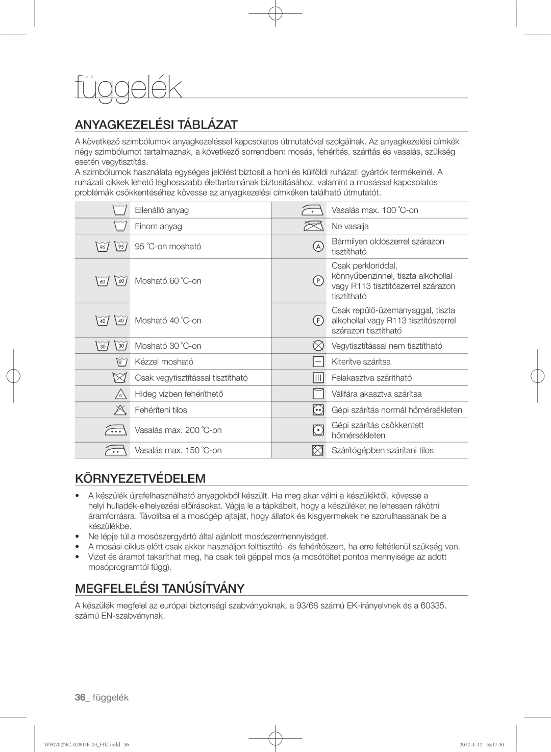 Samsung WF0602NCW/XEH, WF0702NCE/XEH manual Függelék, Anyagkezelési táblázat, Környezetvédelem, Megfelelési tanúsítvány 