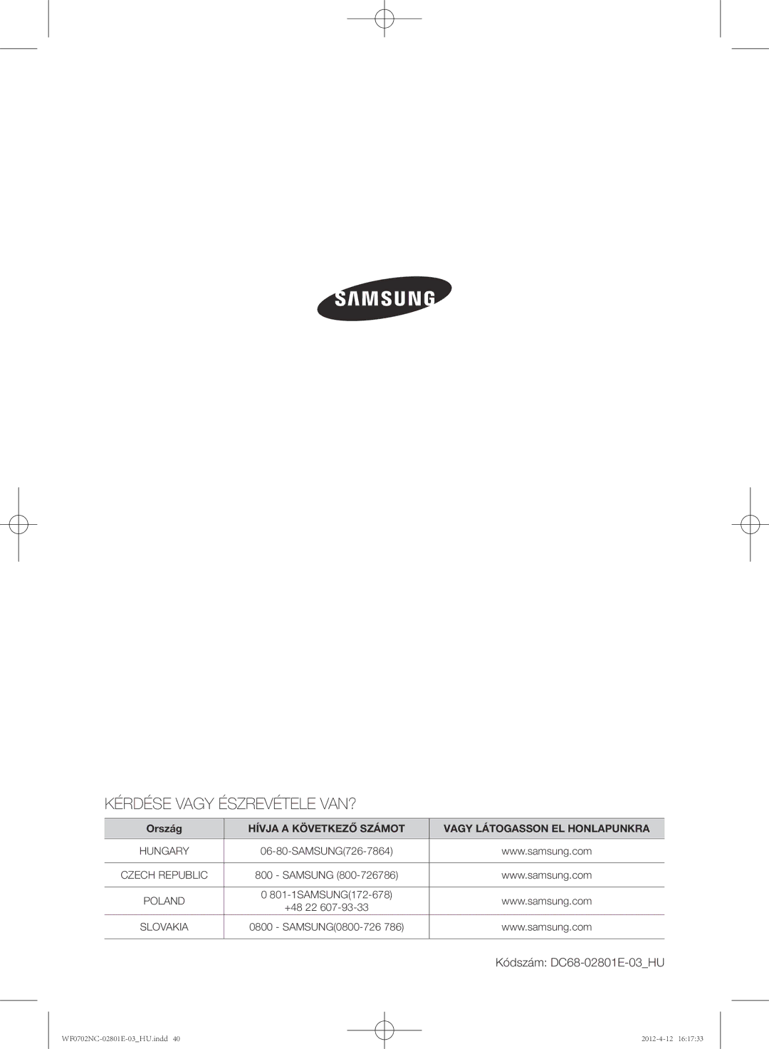 Samsung WF0702NCE/XEH, WF0602NCW/XEH, WF0702NCW/XEH, WF0600NCE/XEH, WF0700NCE/XEH manual Kérdése Vagy Észrevétele VAN? 