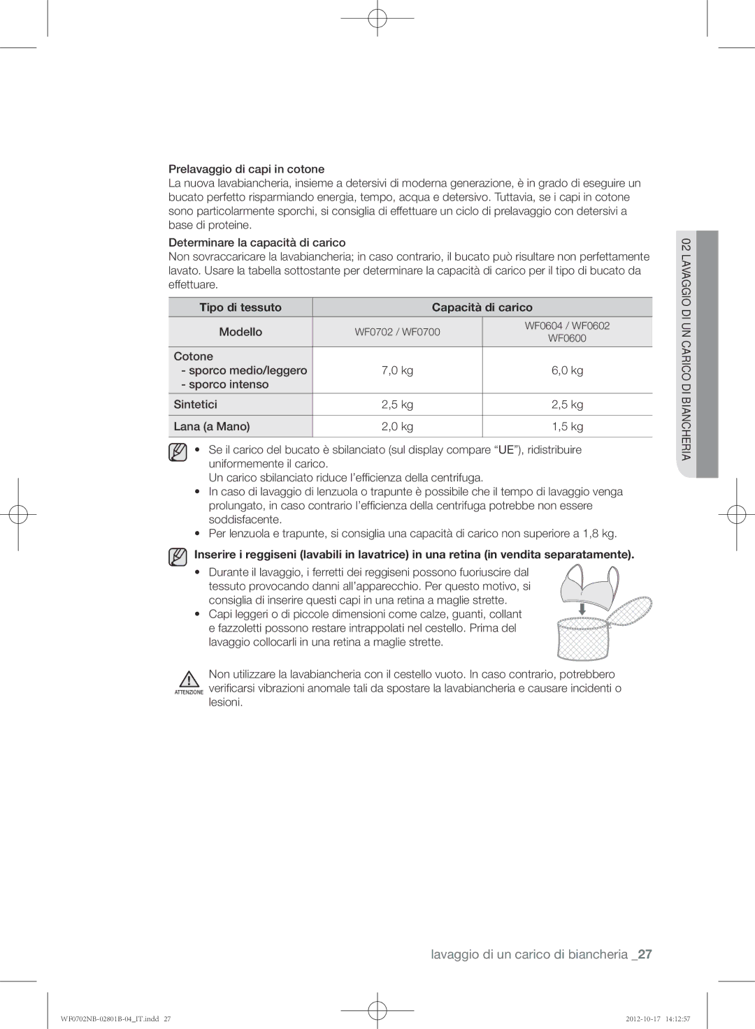 Samsung WF0702NCE/XET, WF0700NBE/XET, WF0700NBW/XET manual Tipo di tessuto Capacità di carico, Modello 