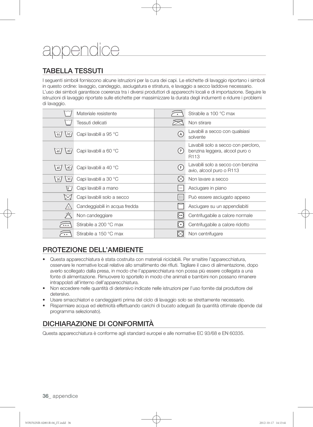 Samsung WF0702NCE/XET, WF0700NBE/XET Appendice, Tabella tessuti, Protezione dell’ambiente, Dichiarazione di conformità  