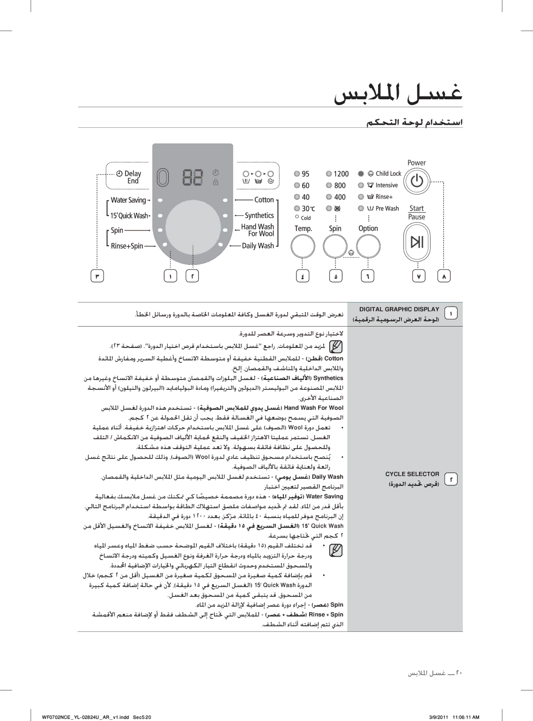 Samsung WF0702NCE/YL manual ﻢﻜﺤﺘﻟﺍ ﺔﺣﻮﻟ ﻡﺍﺪﺨﺘﺳﺍ, ﺓﺭﻭﺪﻠﻟ ﺮﺼﻌﻟﺍ ﺔﻋﺮﺳﻭ ﺮﻳﻭﺪﺘﻟﺍ ﻉﻮﻧ ﺭﺎﻴﺘﺧﻻ, ﺭﺎﺒﺘﺧﺍ ﲔﻴﻌﺘﻟ ﺮﻴﺼﻘﻟﺍ ﺞﻣﺎﻧﺮﺒﻟﺍ 