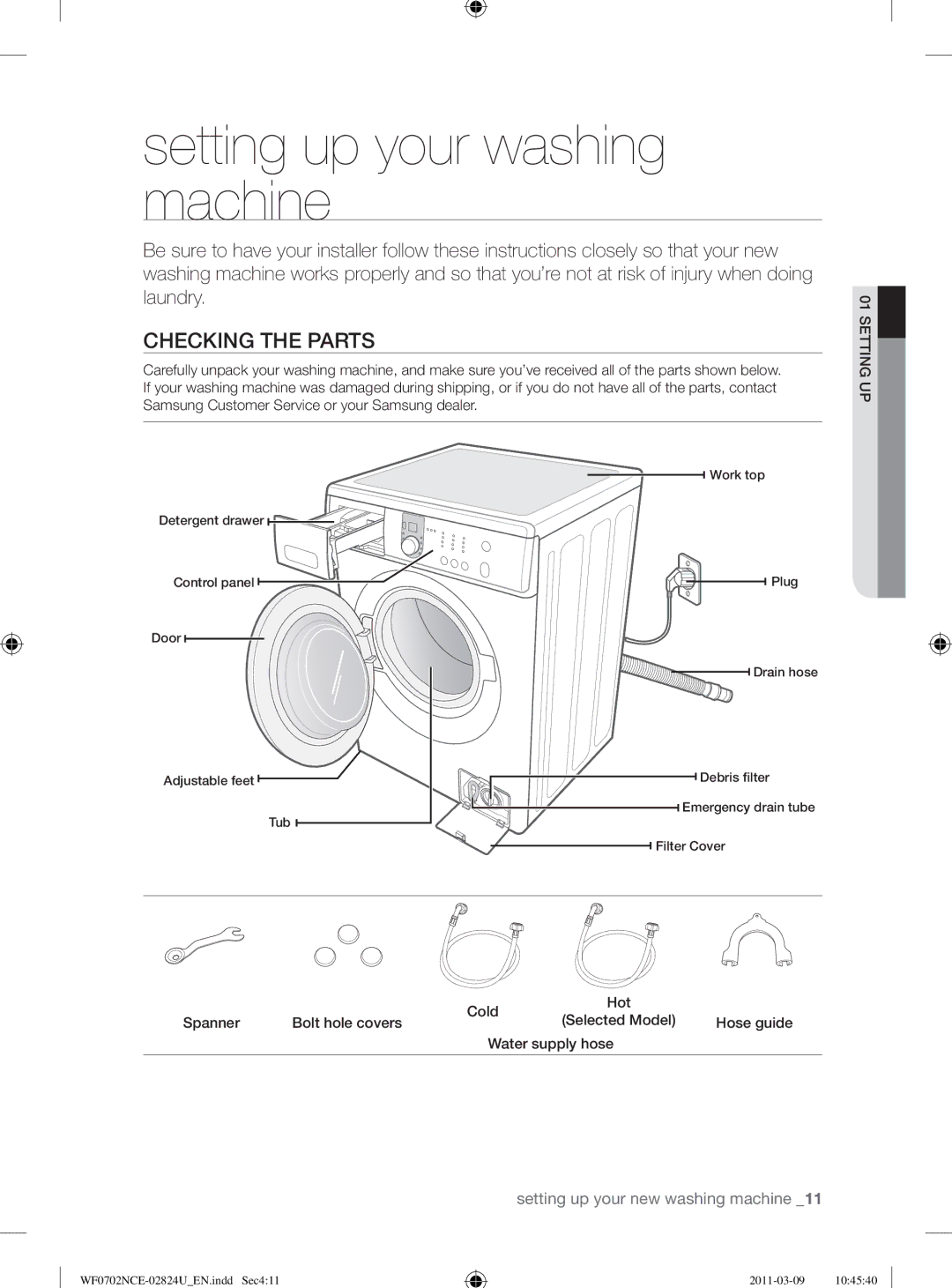 Samsung WF0702NCE/YL manual Setting up your washing machine, Checking the Parts 