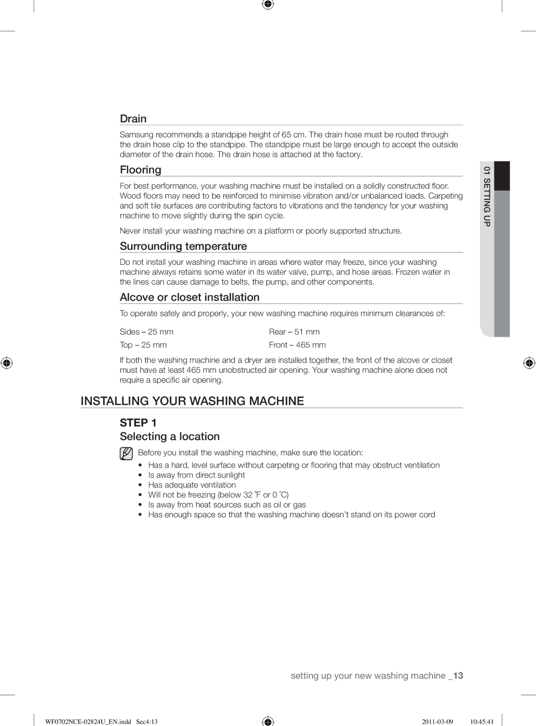 Samsung WF0702NCE/YL manual Installing Your Washing Machine 