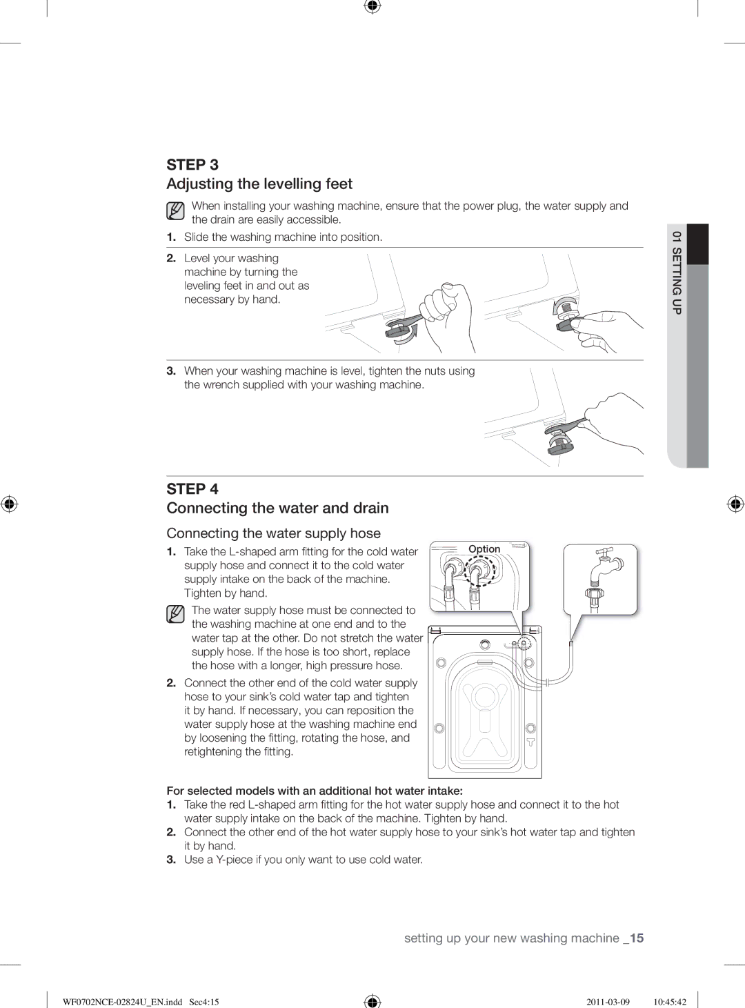 Samsung WF0702NCE/YL manual Adjusting the levelling feet, Connecting the water and drain 