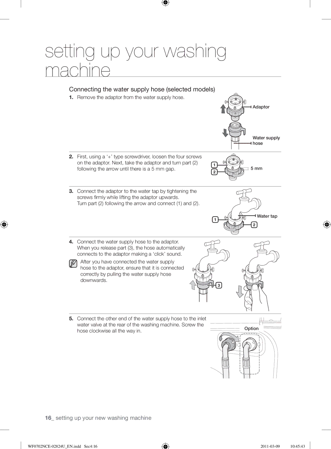 Samsung WF0702NCE/YL manual Connecting the water supply hose selected models 