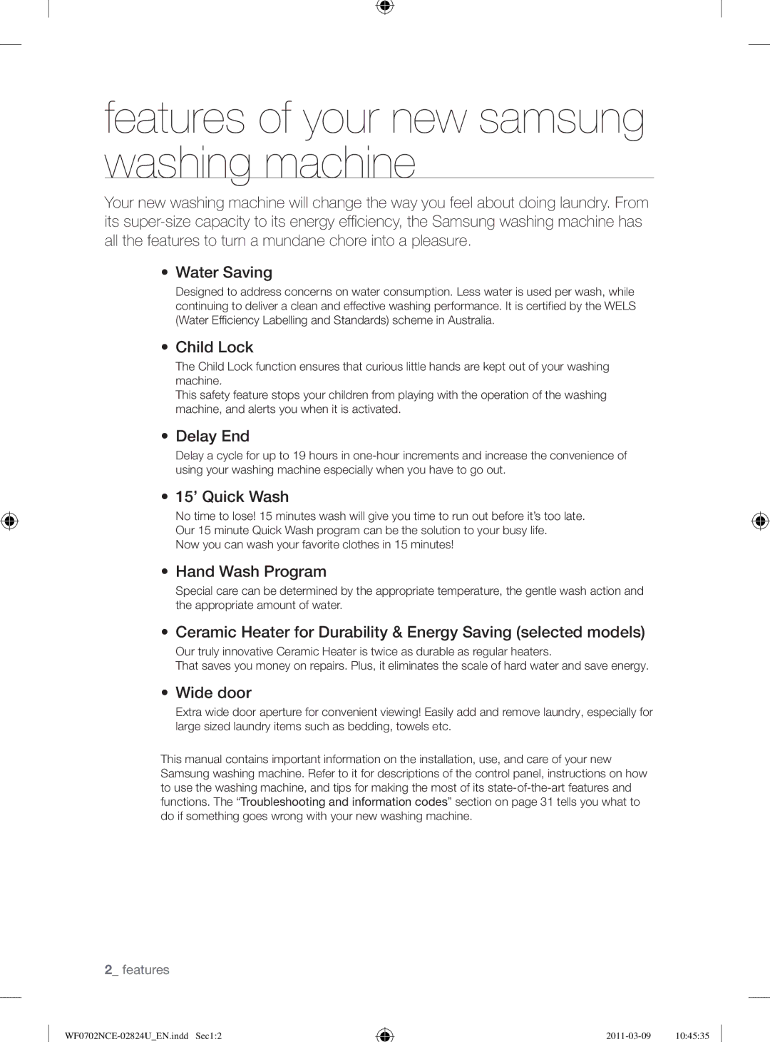 Samsung WF0702NCE/YL manual Features of your new samsung washing machine 