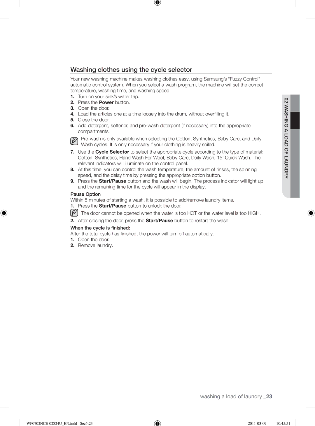 Samsung WF0702NCE/YL manual Washing clothes using the cycle selector 