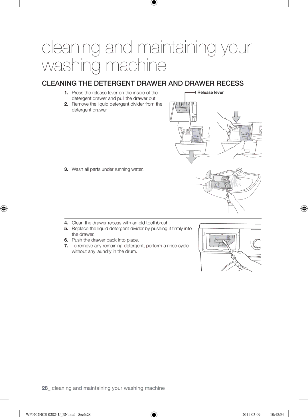 Samsung WF0702NCE/YL manual Cleaning the Detergent Drawer and Drawer Recess 