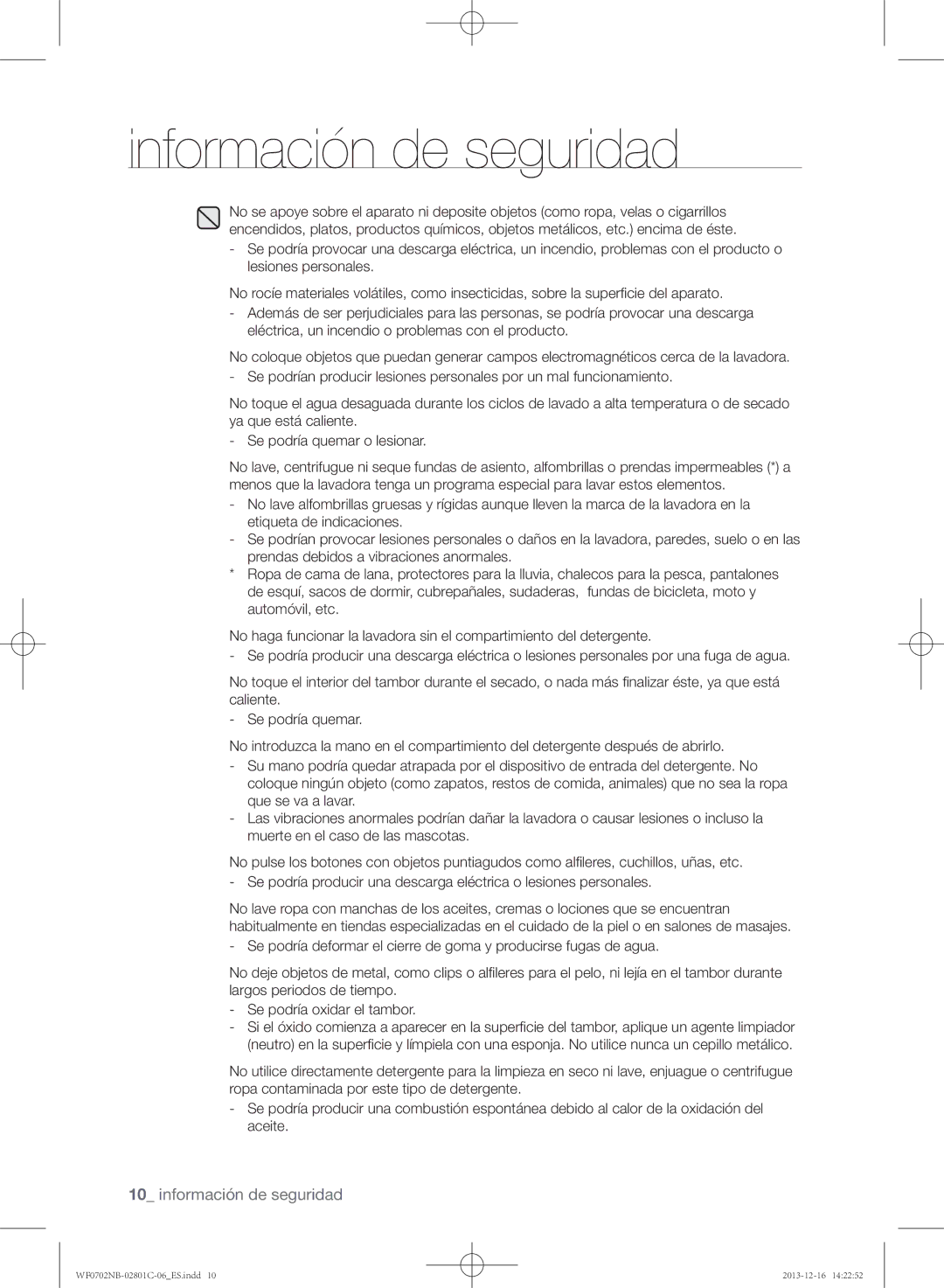 Samsung WF0602NCX/XEC, WF0702NCW/XEC, WF0700NCW/XEC, WF0602NCW/XEC, WF0700NCW/XEP, WF0702NCX/XEC manual Información de seguridad 