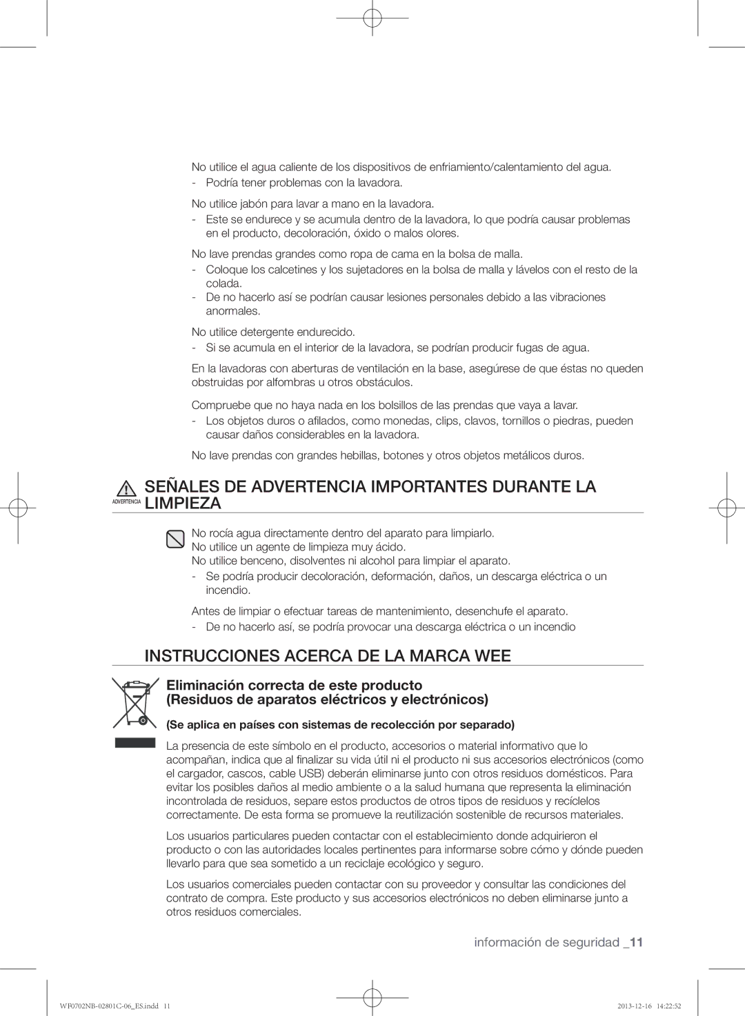 Samsung WF0702NCX/XEC, WF0702NCW/XEC Señales DE Advertencia Importantes Durante LA, Instrucciones Acerca DE LA Marca WEE 