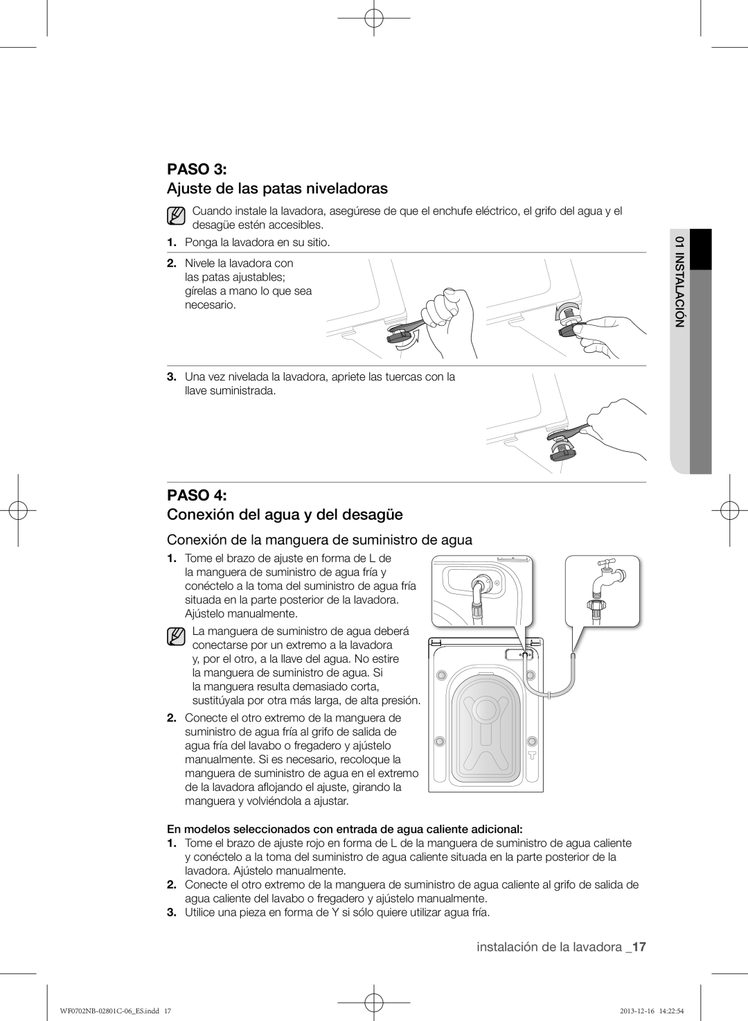 Samsung WF0702NCX/XEC, WF0702NCW/XEC, WF0700NCW/XEC manual Ajuste de las patas niveladoras, Conexión del agua y del desagüe 