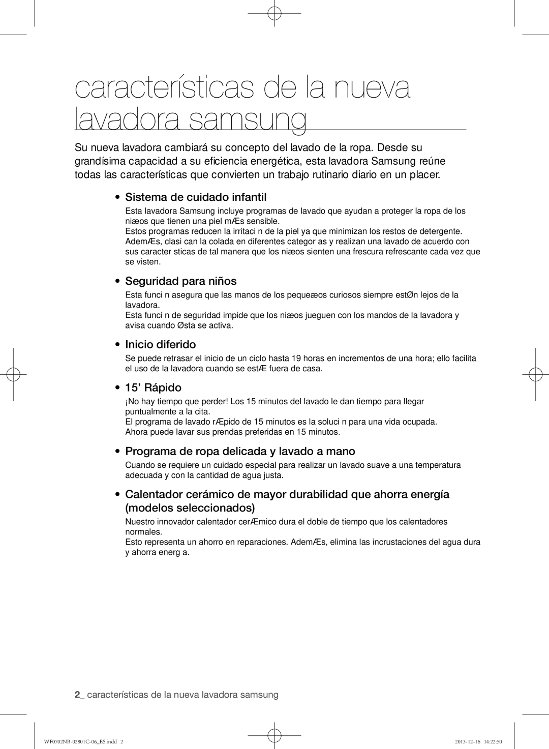 Samsung WF0602NCW/XEC, WF0702NCW/XEC manual Sistema de cuidado infantil, Seguridad para niños, Inicio diferido, 15’ Rápido 