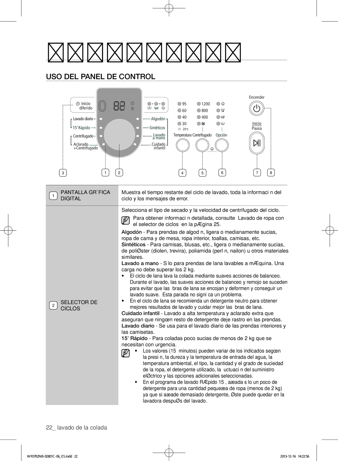 Samsung WF0602NCX/XEC, WF0702NCW/XEC, WF0700NCW/XEC, WF0602NCW/XEC, WF0700NCW/XEP manual Uso del panel de control, Digital 