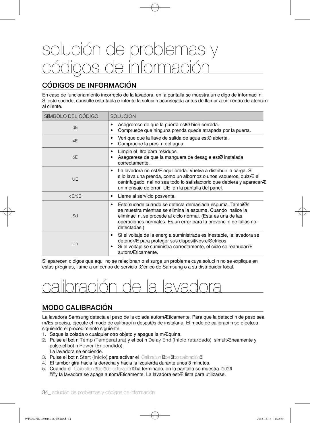 Samsung WF0602NCX/XEC, WF0702NCW/XEC, WF0700NCW/XEC Calibración de la lavadora, Códigos de información, Modo Calibración 