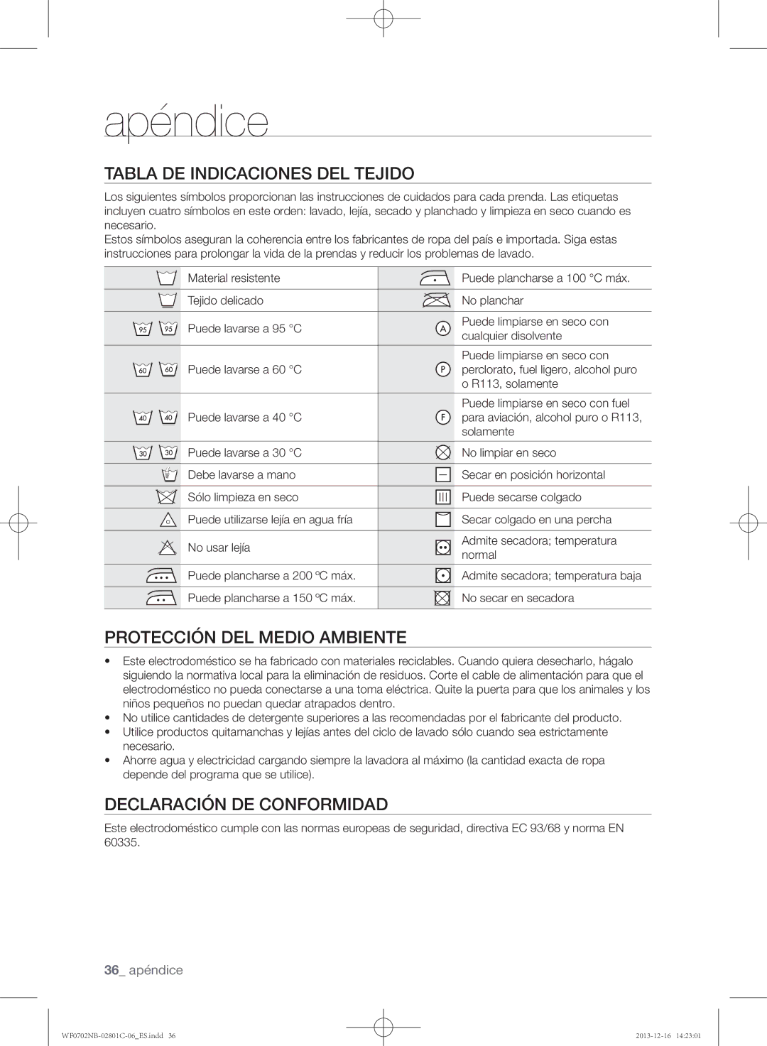 Samsung WF0702NCW/XEC, WF0700NCW/XEC manual Apéndice, Tabla de indicaciones del tejido, Protección del medio ambiente 