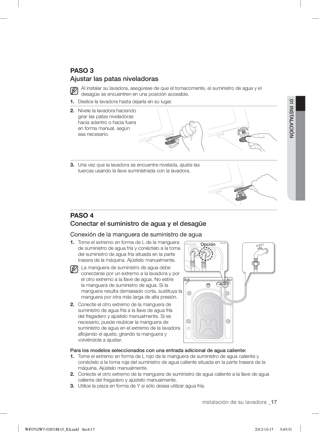 Samsung WF0702W7W1/XEC manual Ajustar las patas niveladoras, Conectar el suministro de agua y el desagüe 