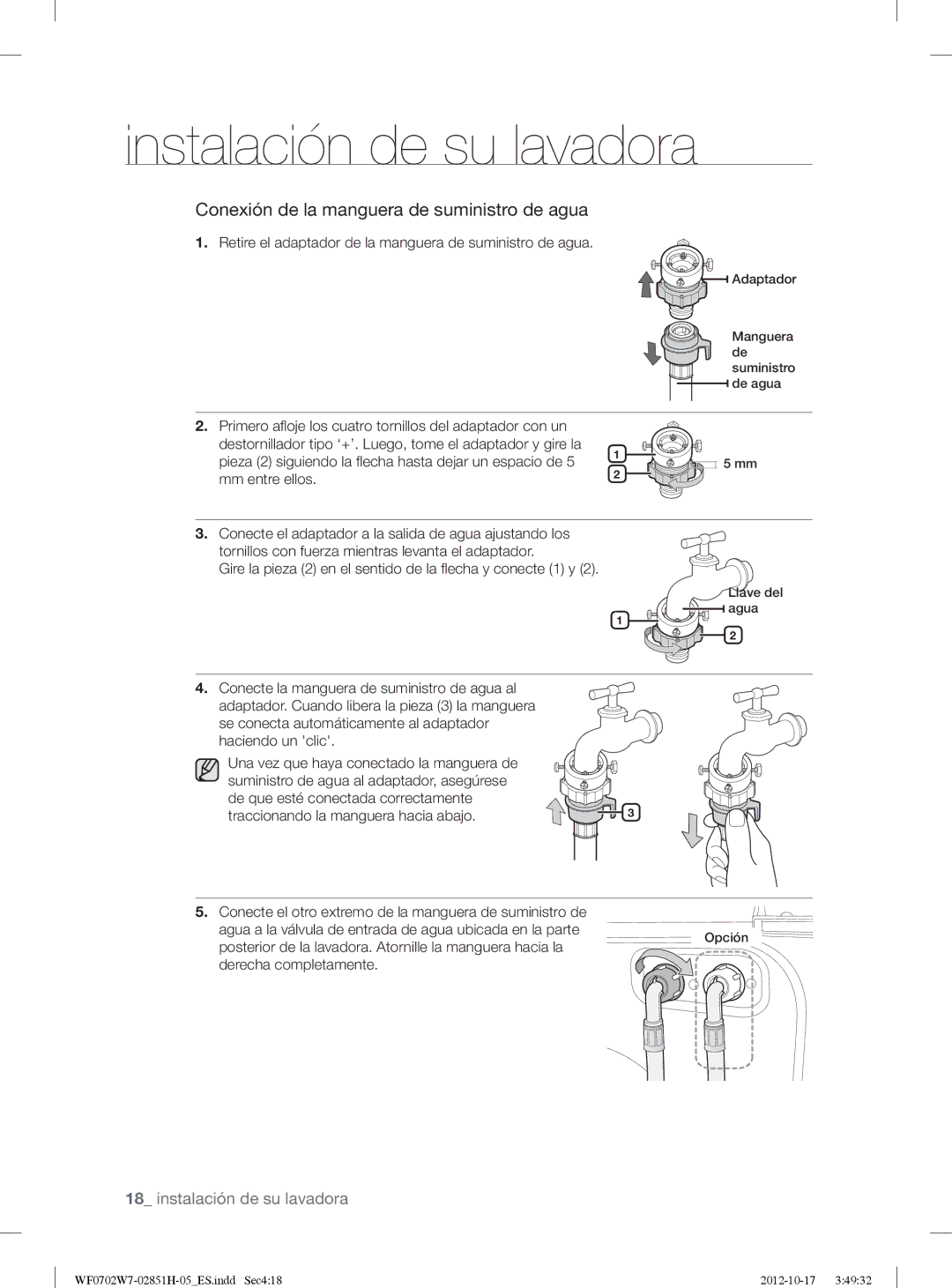 Samsung WF0702W7W1/XEC manual Retire el adaptador de la manguera de suministro de agua 