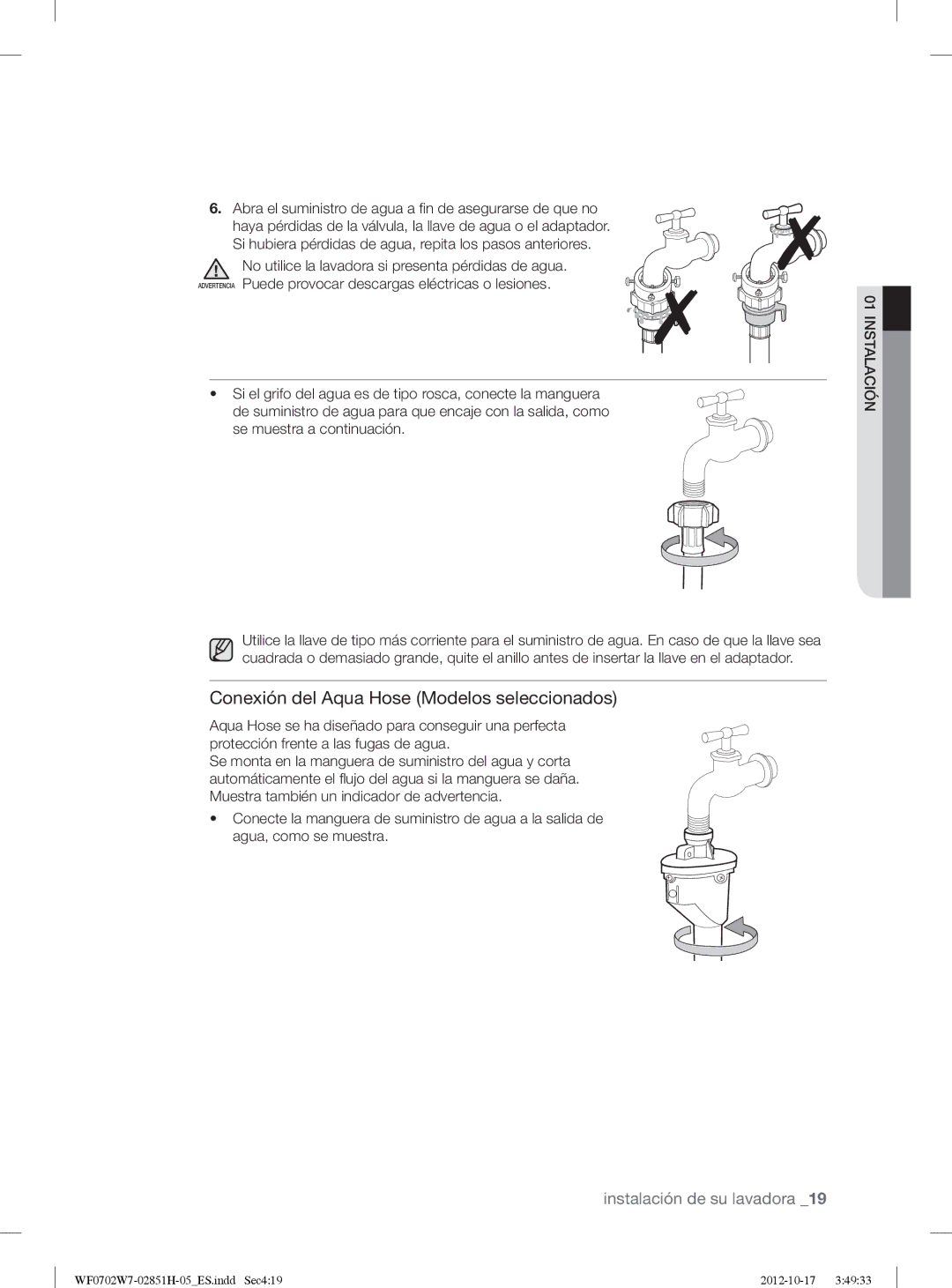 Samsung WF0702W7W1/XEC manual Conexión del Aqua Hose Modelos seleccionados 