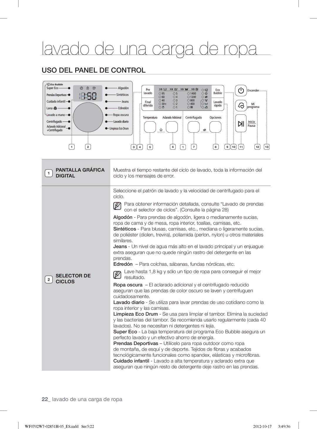 Samsung WF0702W7W1/XEC manual USO DEL Panel DE Control, Selector DE Ciclos 