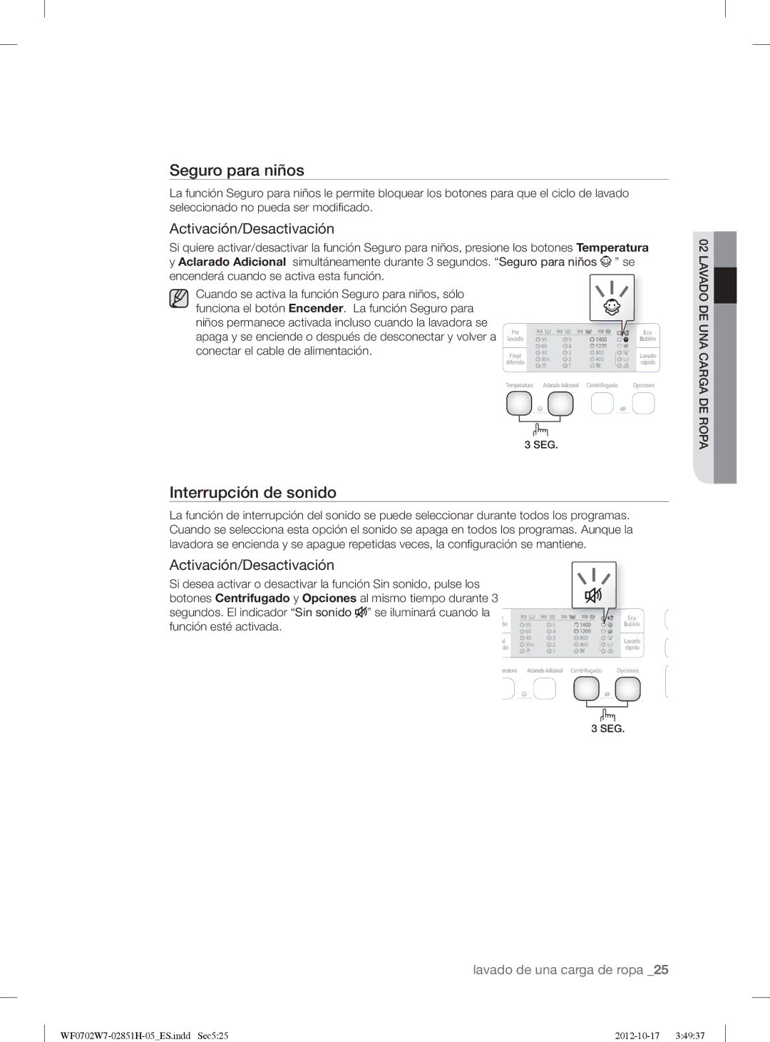 Samsung WF0702W7W1/XEC manual Interrupción de sonido, Activación/Desactivación 