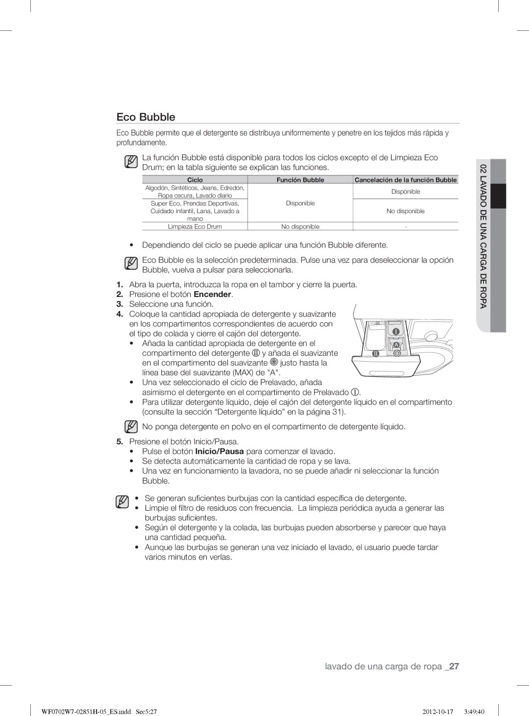 Samsung WF0702W7W1/XEC manual Eco Bubble, Ciclo Función Bubble Cancelación de la función Bubble 