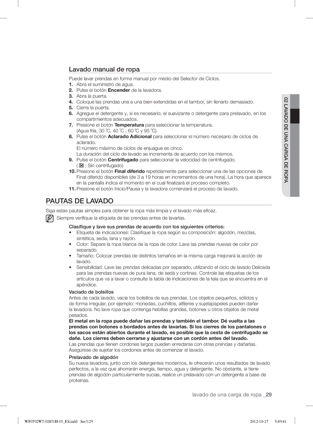 Samsung WF0702W7W1/XEC Pautas DE Lavado, Lavado manual de ropa 