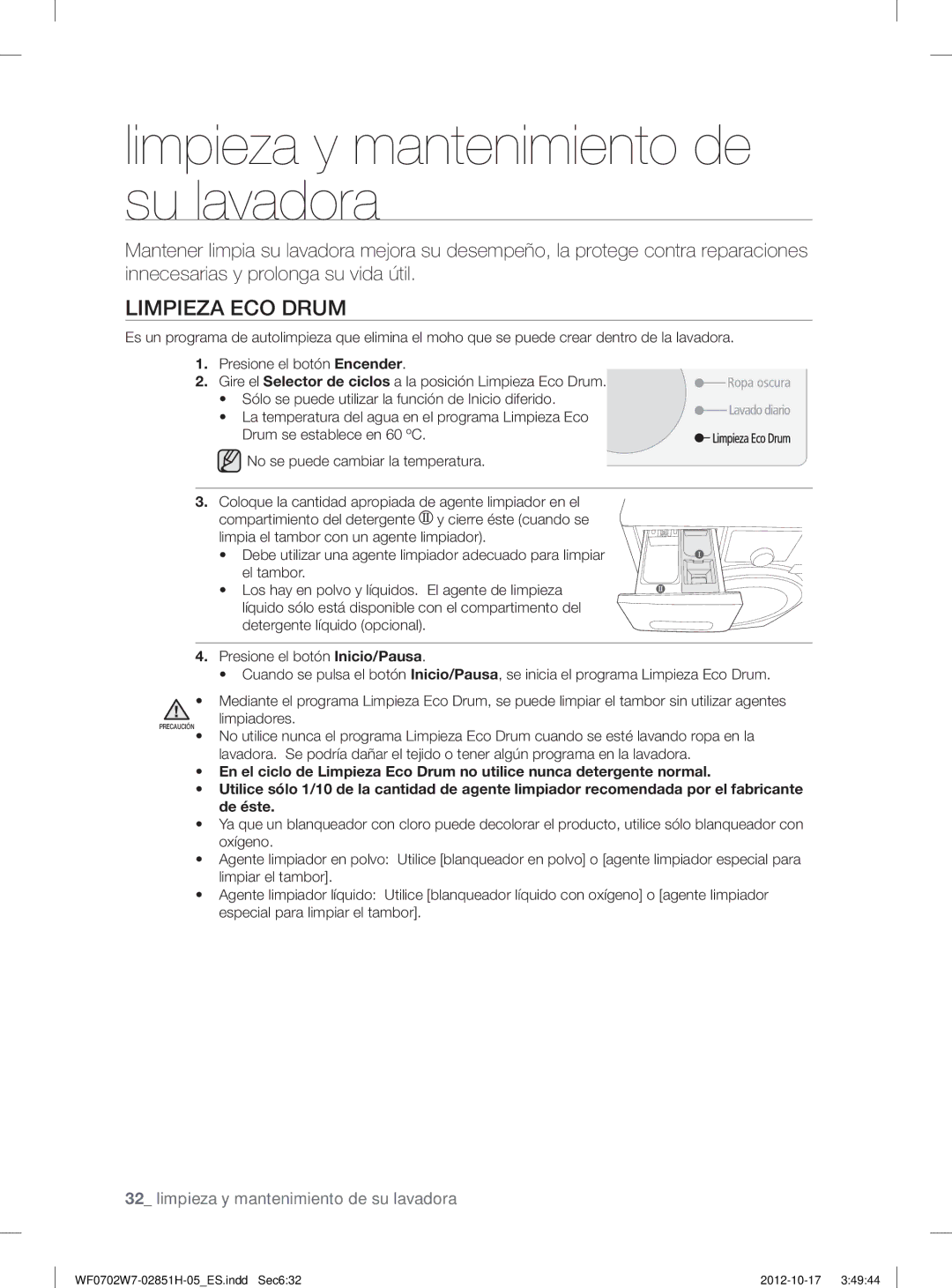 Samsung WF0702W7W1/XEC manual Limpieza y mantenimiento de su lavadora, Limpieza ECO Drum 