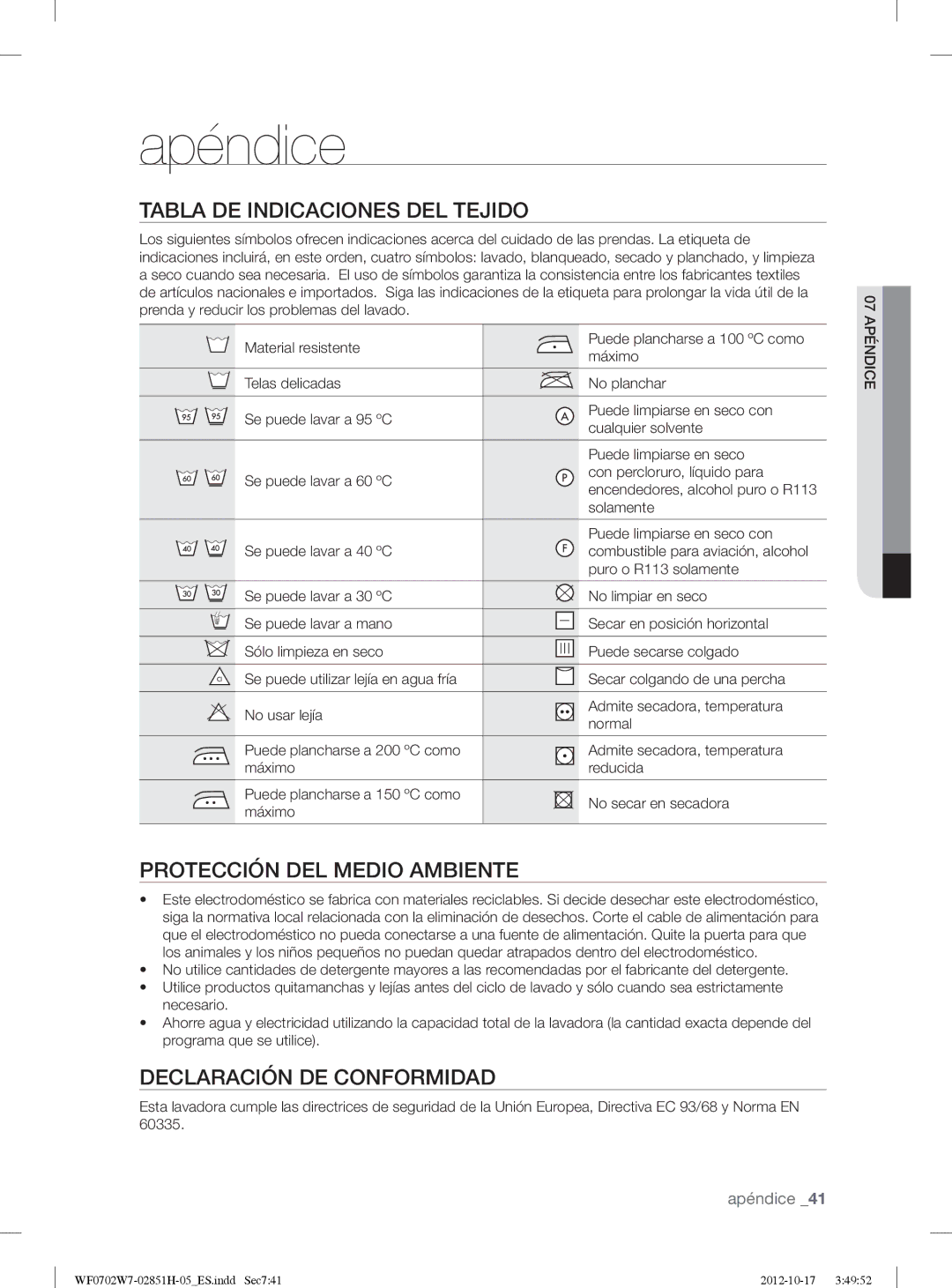 Samsung WF0702W7W1/XEC manual Apéndice, Tabla DE Indicaciones DEL Tejido, Protección DEL Medio Ambiente 